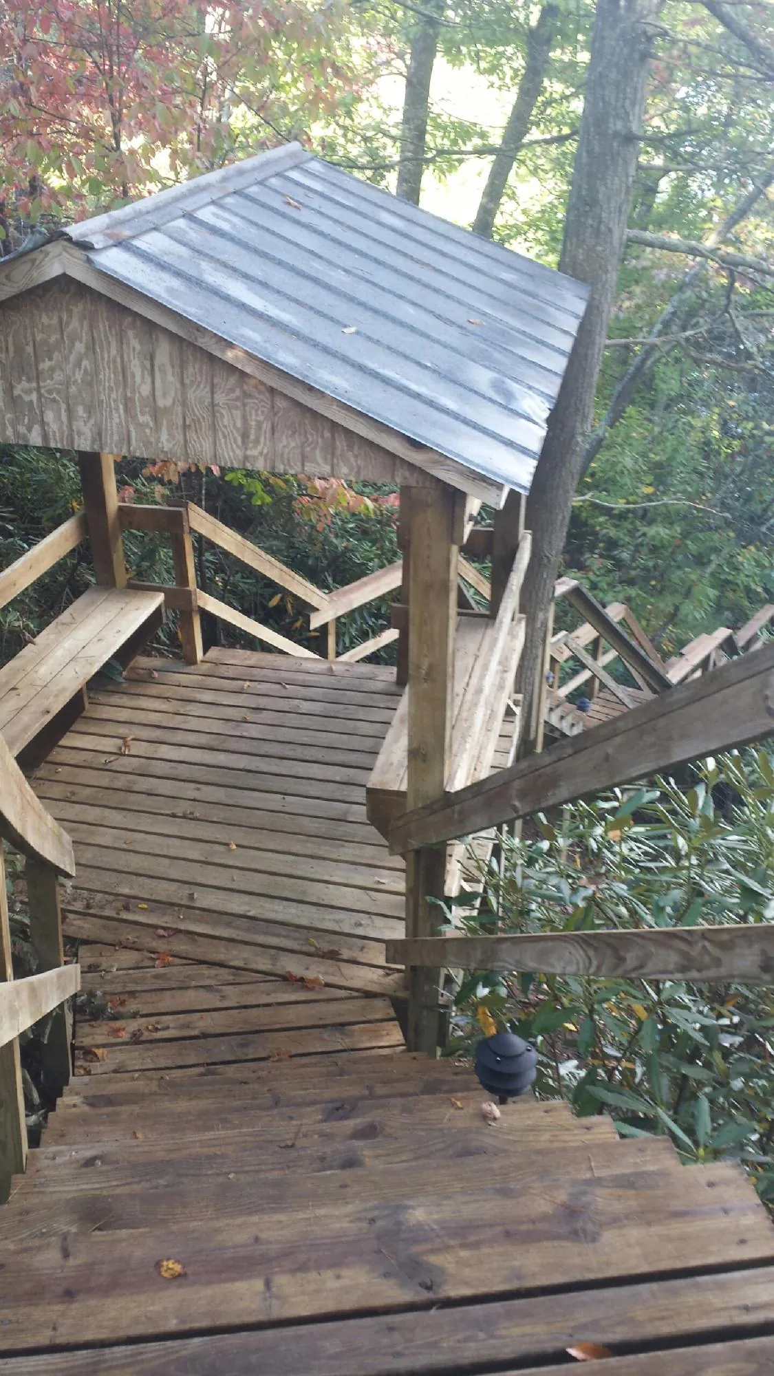 Metal roofed shelter over wooden steps on a wooded walkway — Skylight Repair & Installation work by our crew in Blackwell